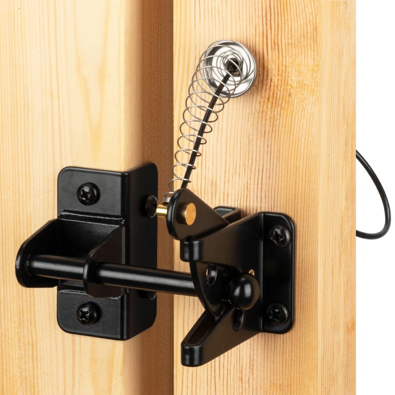 SANKINS Self-Locking Gate Latch with Spring Cable Pull for Wooden Fence Gate Heavy Duty, Post Mount Automatic Gravity Lever Gate Fence Door Latches for Wooden Fence Pool Garden Shed, Black, 2 Pcs - Image 1